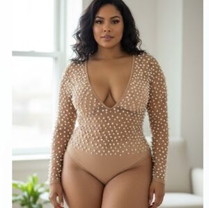 Fashion Nova Pearl Embellished Nude Bodysuit extreme stretch Nwot